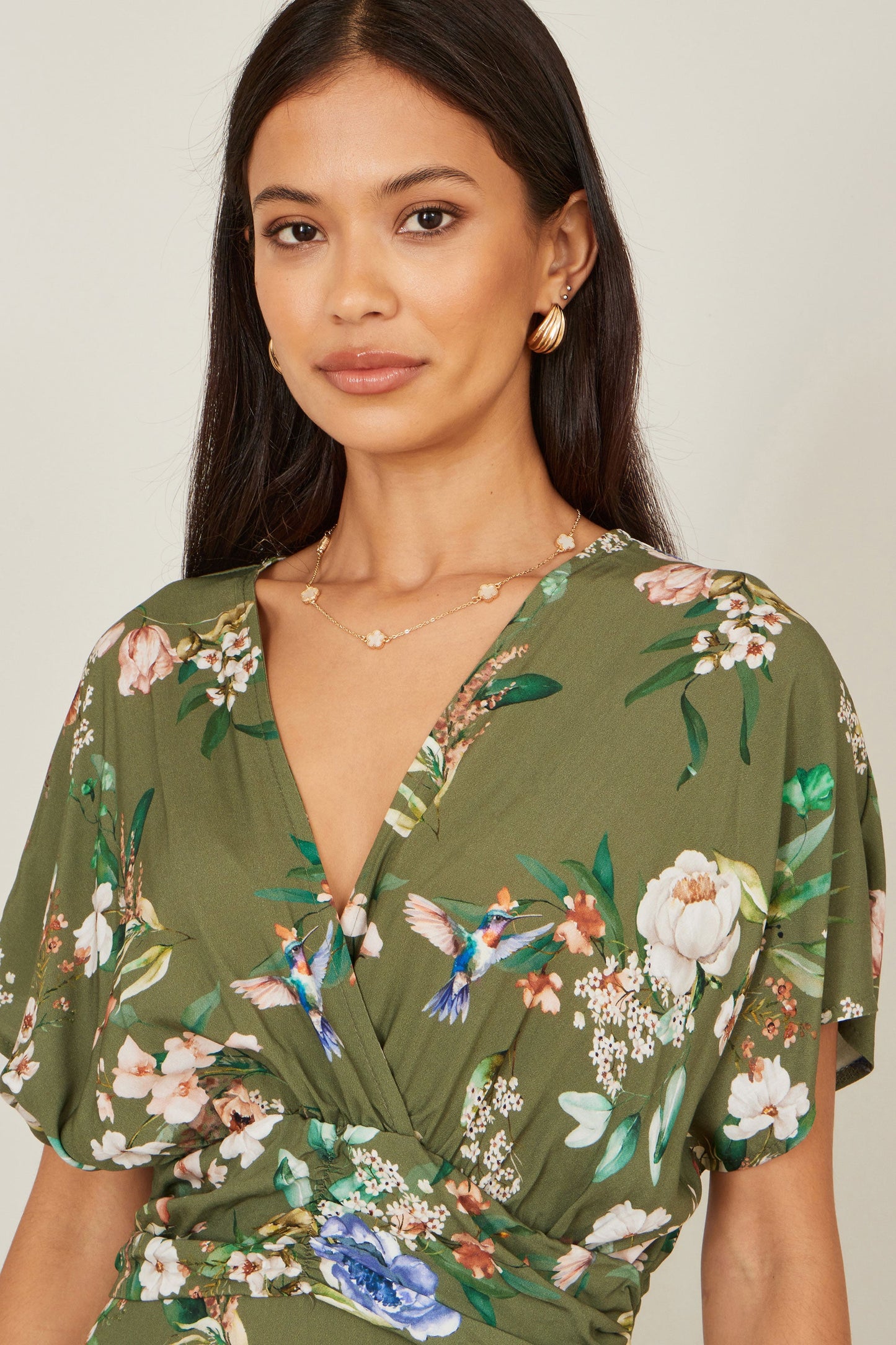 Sage Green Viscose Floral Print Midi Dress With Ruched Waist