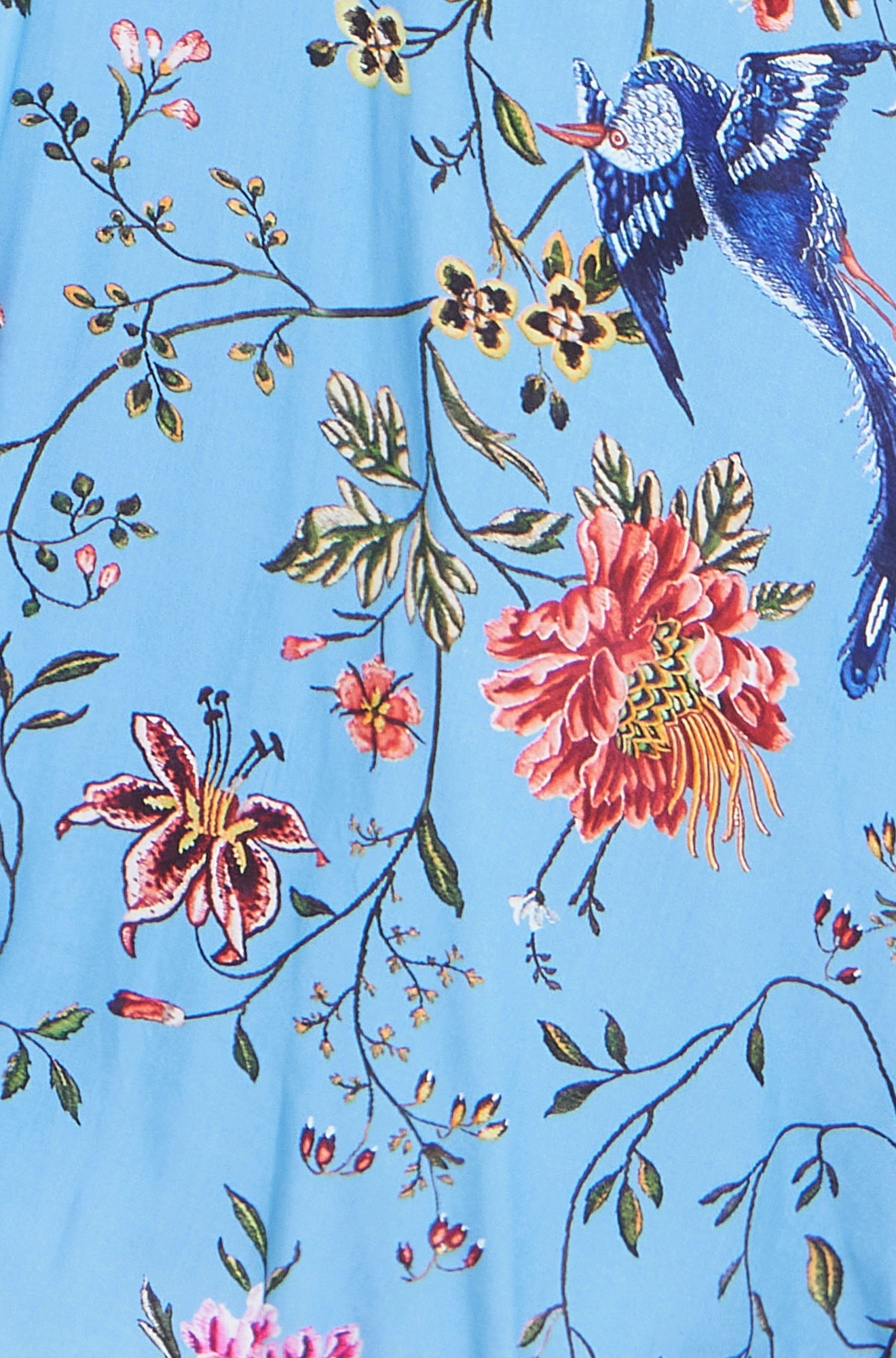 Blue Viscose Bird And Floral Print Midi Dress With Ruched Waist