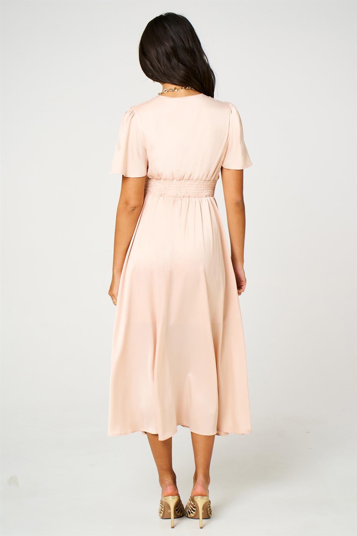 Blush Satin V Neck Button Detail Dress In Blush