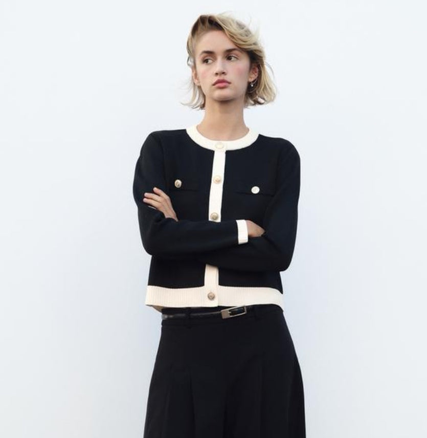 Round Neck Colour Contrast Soft Knit Cardigan - Black/Ecru image 2