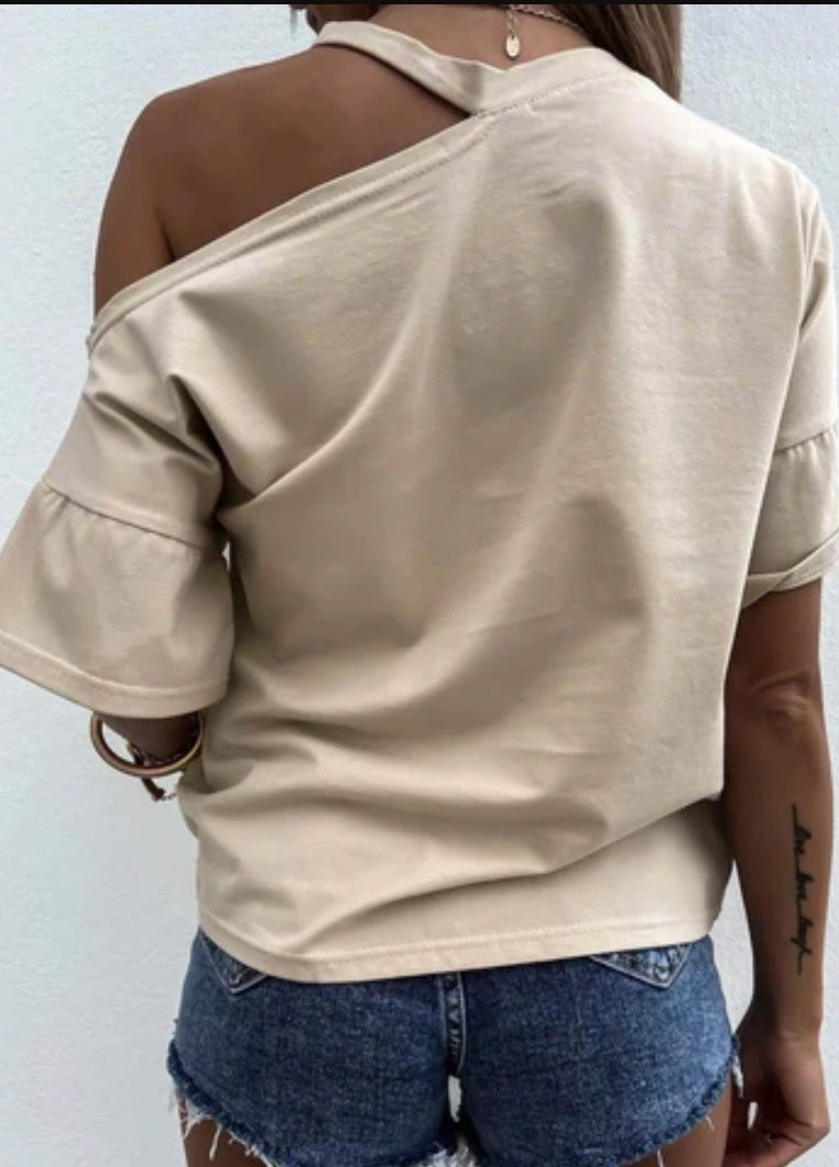 Cut Out Cold Shoulder T Shirt Top in Stone image 3