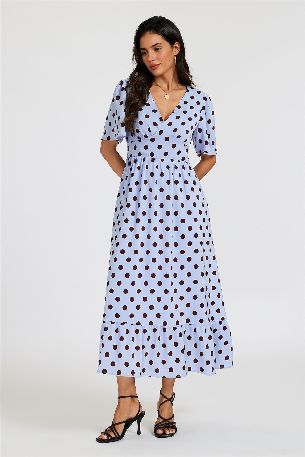 Blue Polka Dot Print Angel Sleeve Frill Hem Midi Dress