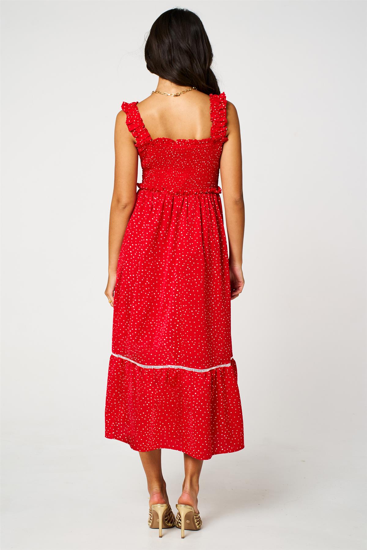 Red Dot Print Hem Detail Maxi Dress