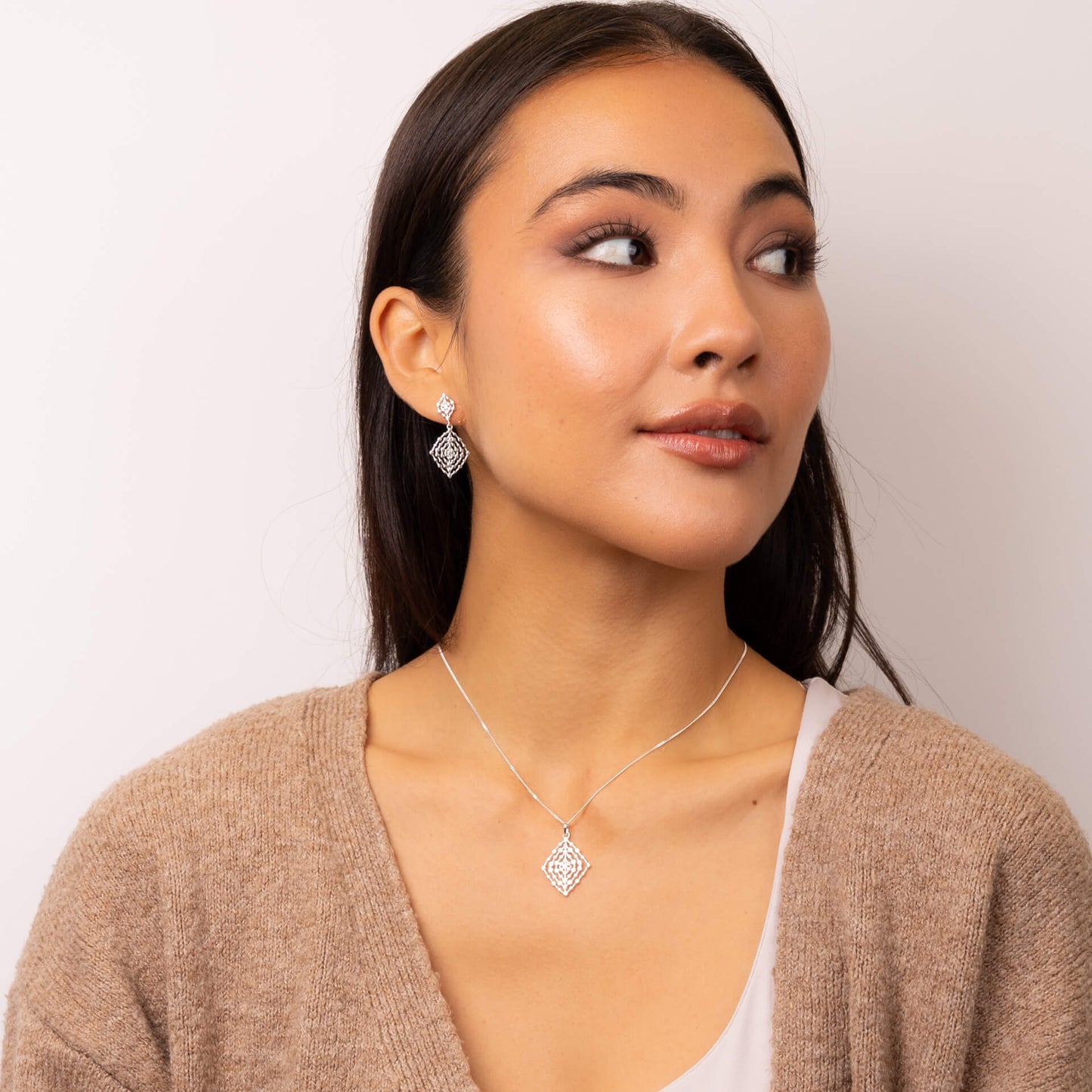 Sterling Silver Geometrical Lace Textured Drop Earrings