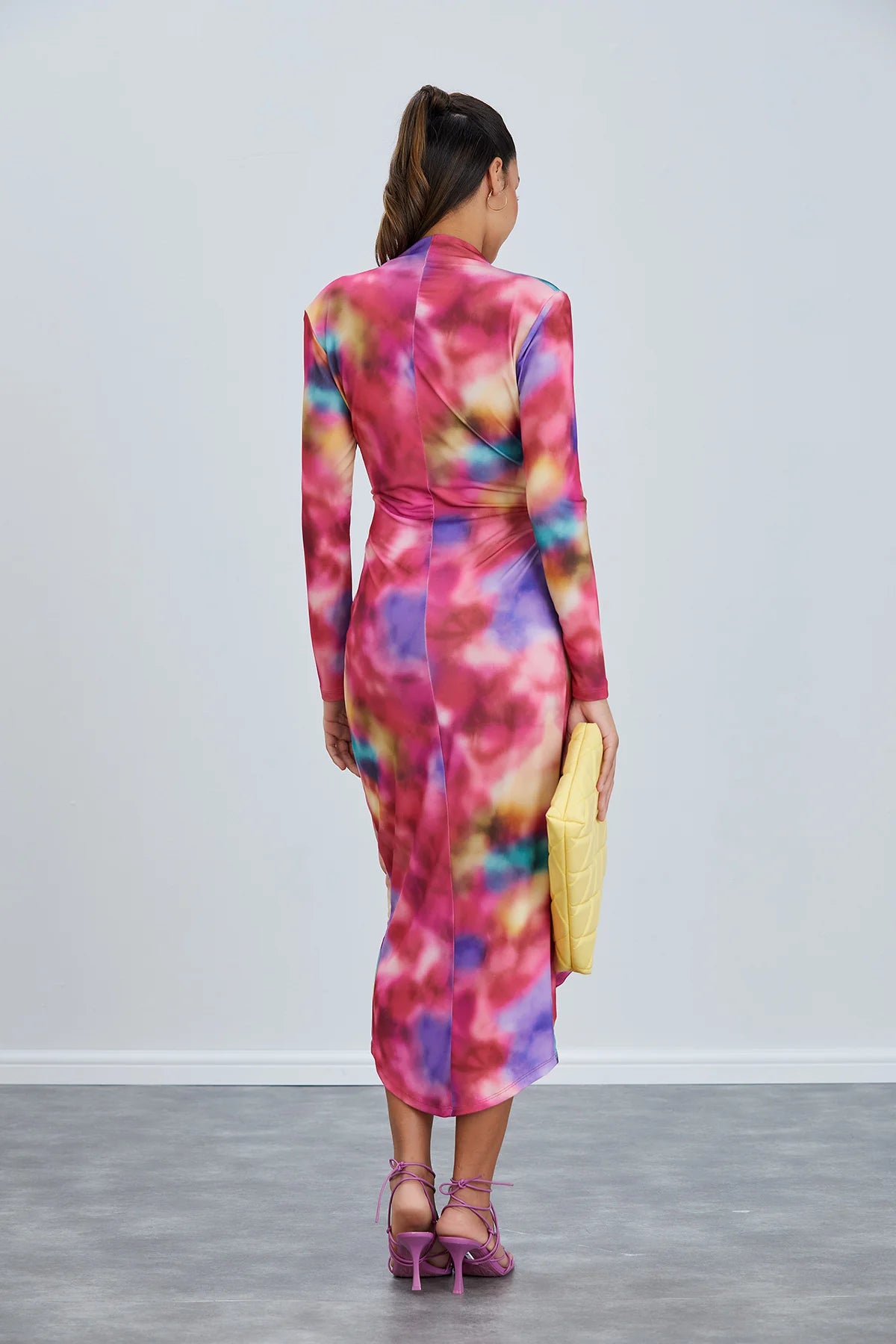 Long Sleeve Wrap Midi Dress in Tie-Dye Print - Pink - By Jenerique image 4