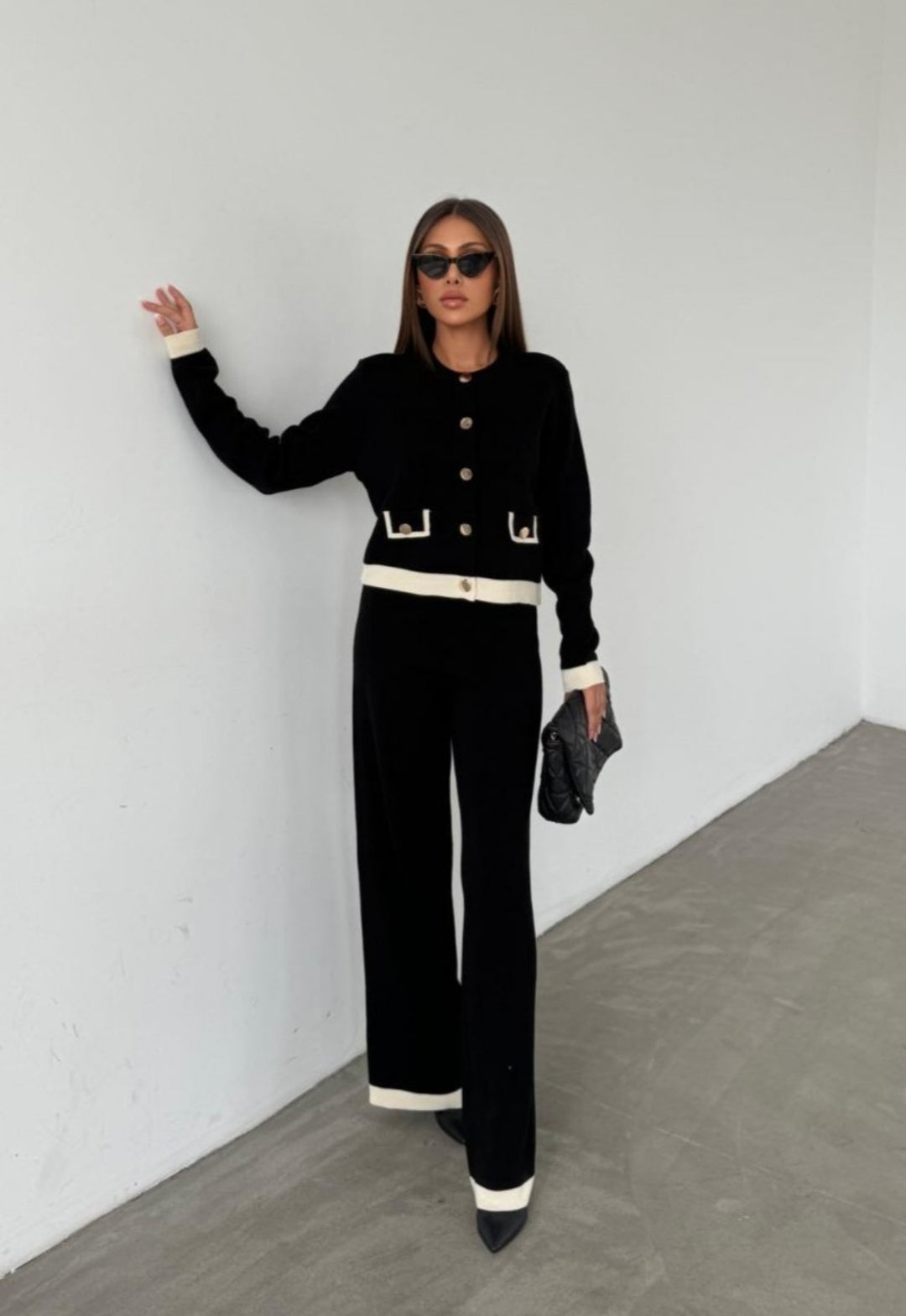 Knitted Co Ord Set with Jacket and Wide Leg Trousers - Black image 3