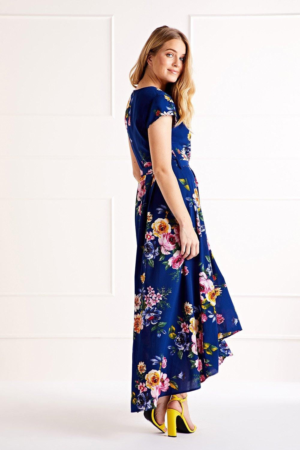 Blue Floral Wrap Over Dipped Hem Midi Dress