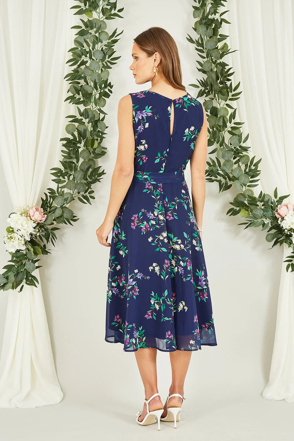 Navy Floral Print Midi Skater Dress