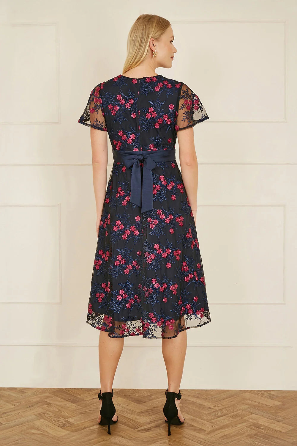 Navy Embroidered Floral Skater Dress