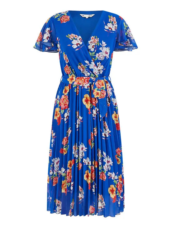 Blue Floral Pleated Wrap Dress