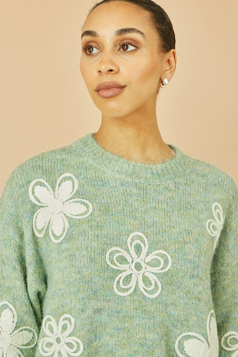 Green Relaxed Knitted Jumper With Crochet Flowers