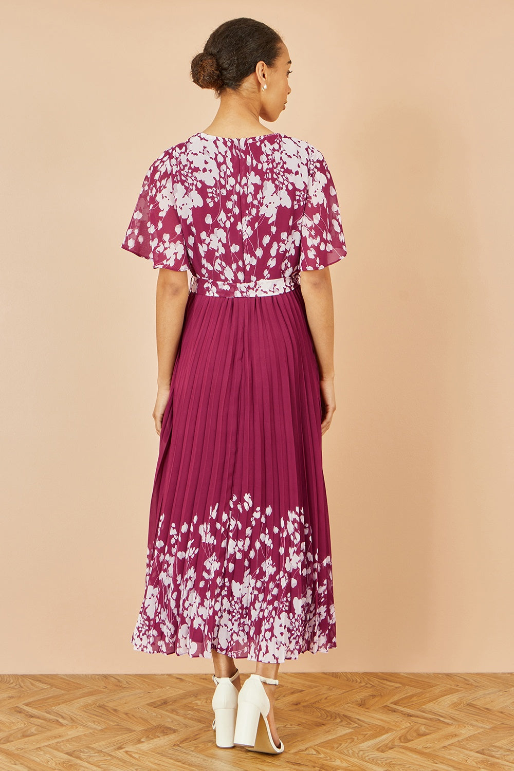 Burgundy Mirror Floral Design Pleated Midi Dress