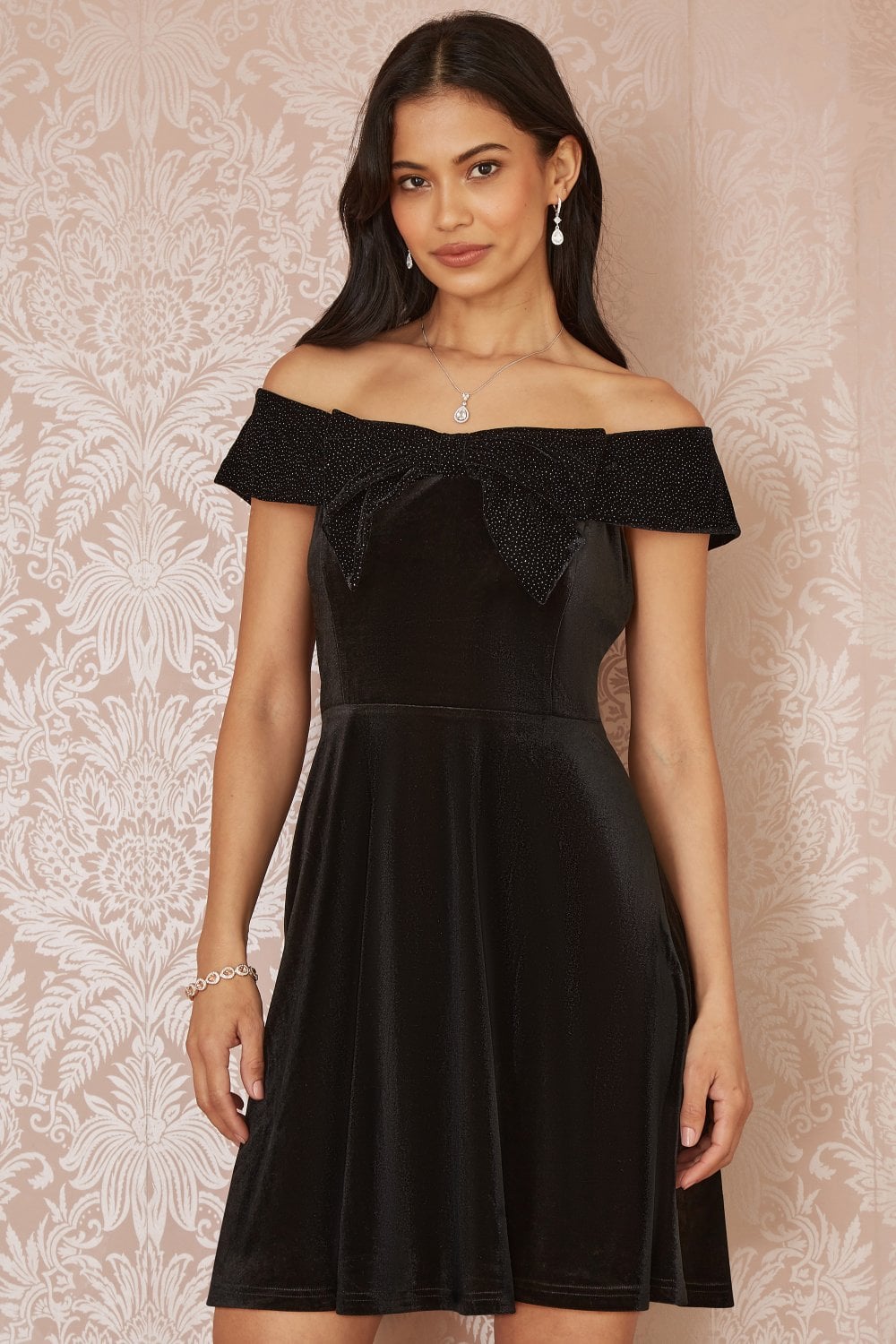Black Velvet Skater Dress With Sparkle Bow Neckline - Size 8 to 16