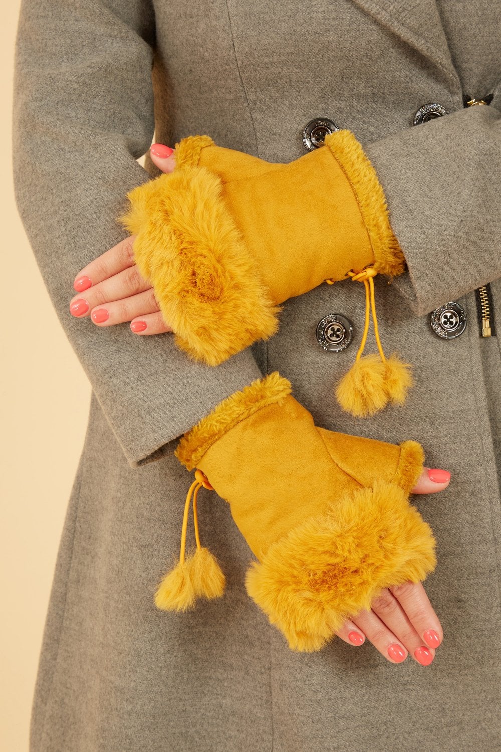 Mustard Fur Fingerless Suede Mittens