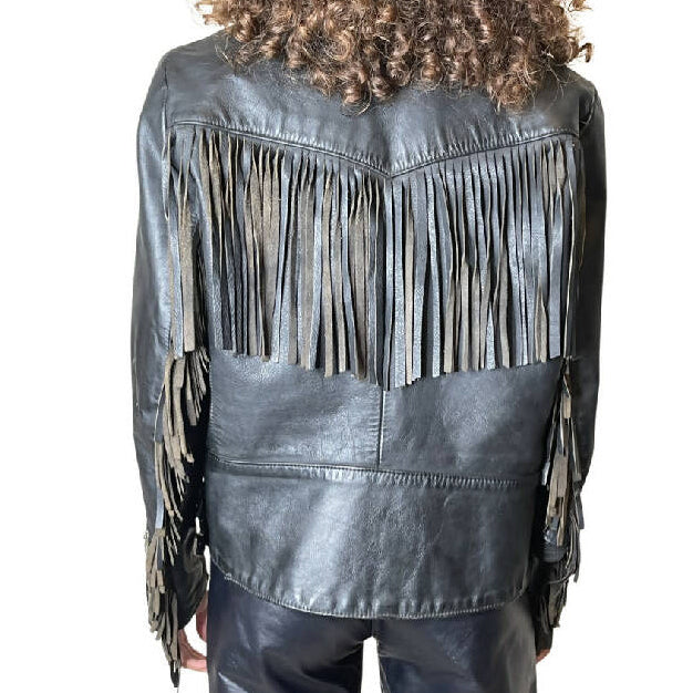 Original 1980's Vintage Black Leather Fringed Biker Jacket UK 10 - 14