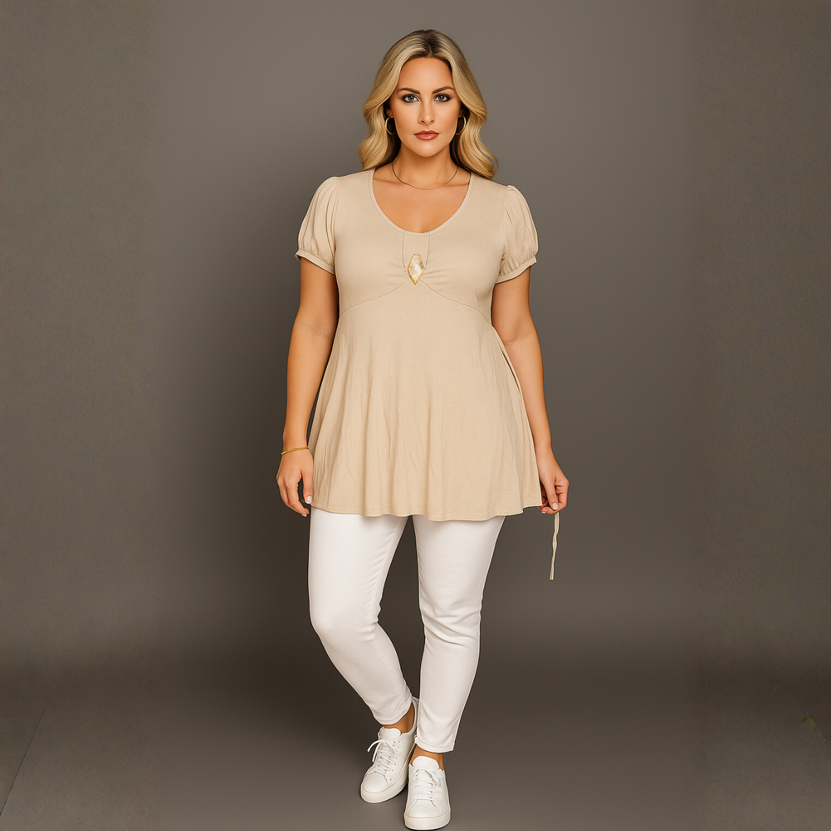 Puff Sleeve Button Detail Tunic Top - Various Colour Options