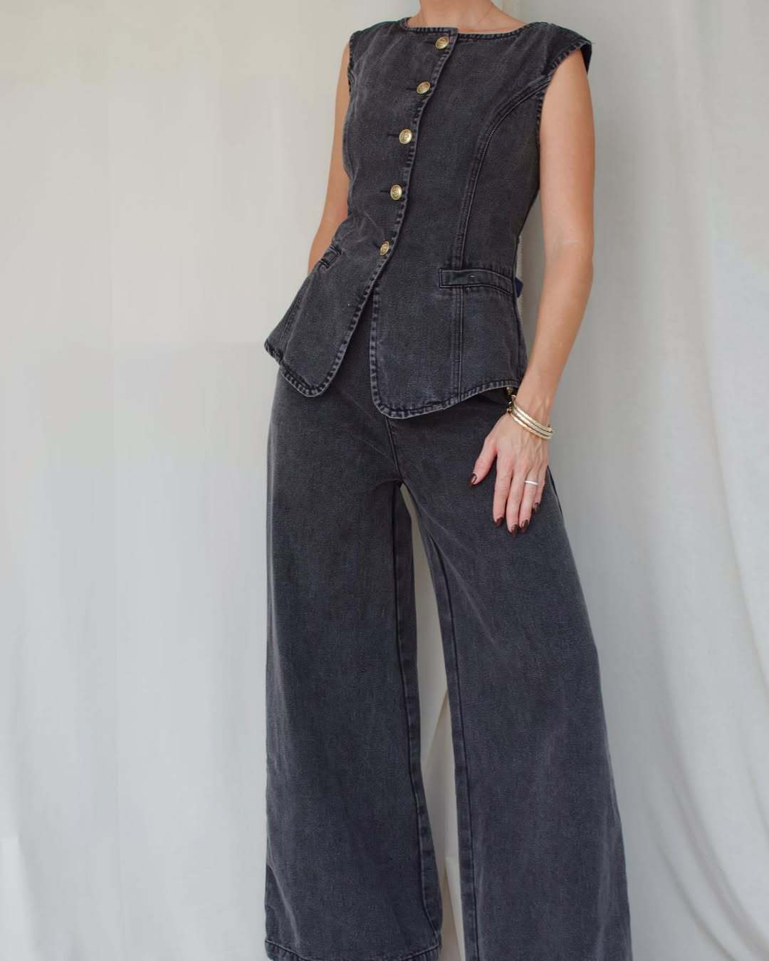 Denim Waistcoat and High-Waist Wide-Leg Jeans Co Ord