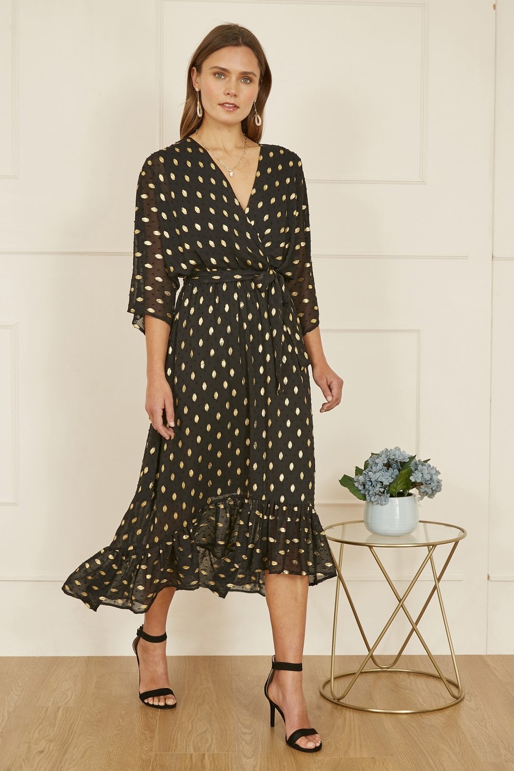 Black Foil Print Wrap Over Dip Hem Midi Dress - Sizes 8 to 22
