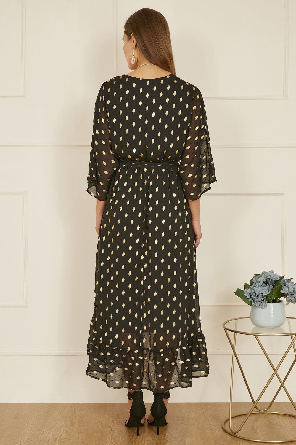 Black Foil Print Wrap Over Dip Hem Midi Dress - Sizes 8 to 22