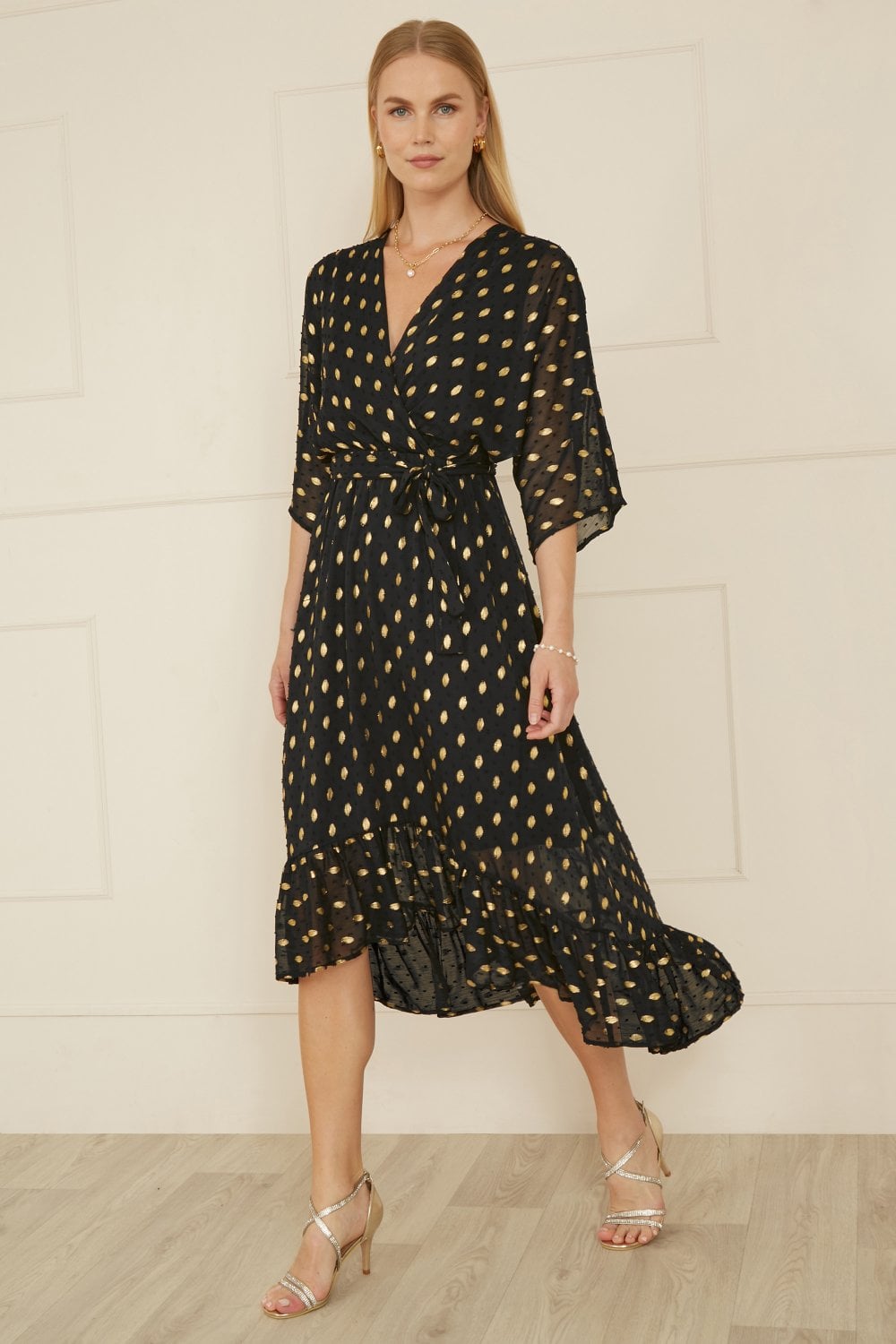 Black Foil Print Wrap Over Dip Hem Midi Dress - Sizes 8 to 22