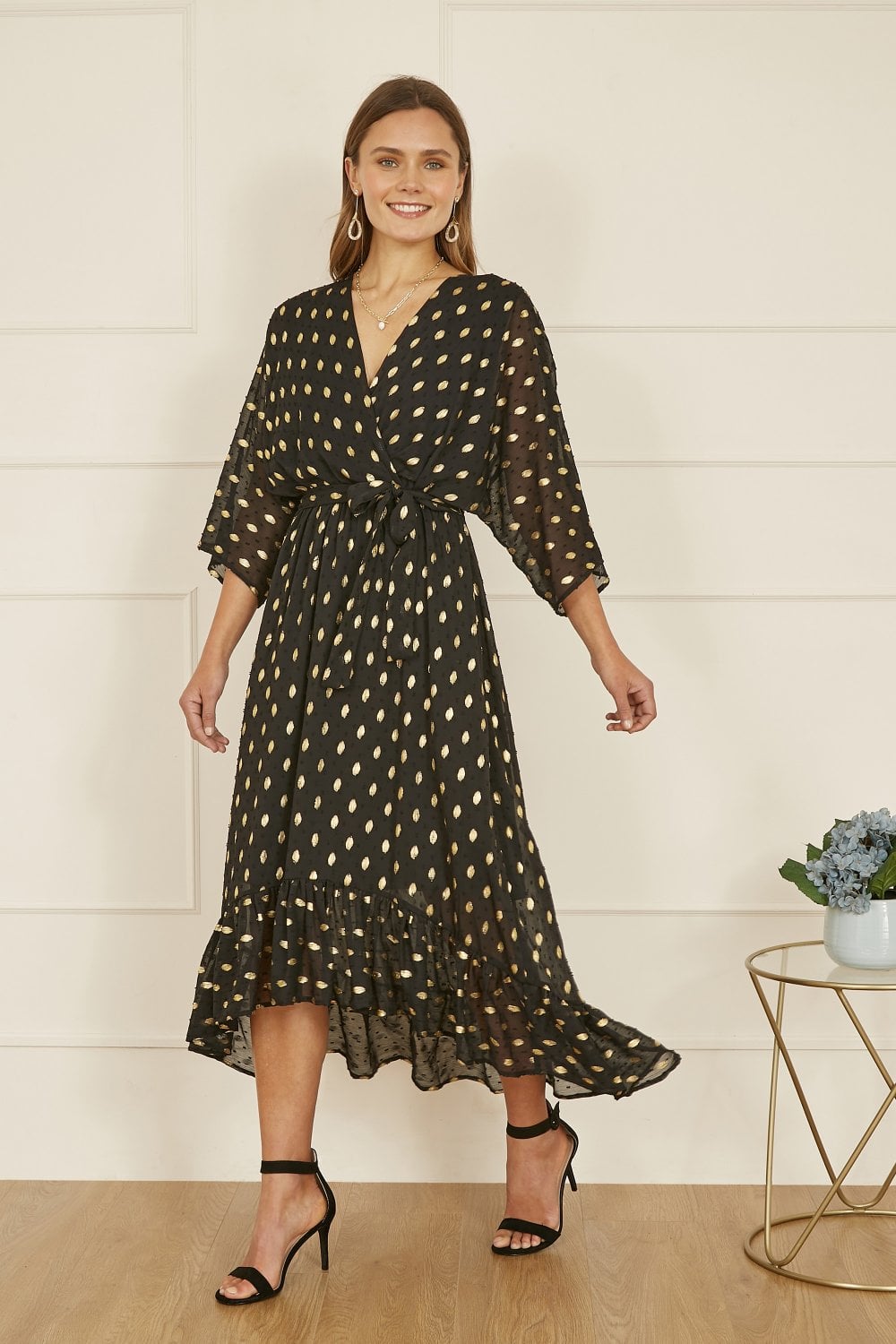 Black Foil Print Wrap Over Dip Hem Midi Dress - Sizes 8 to 22