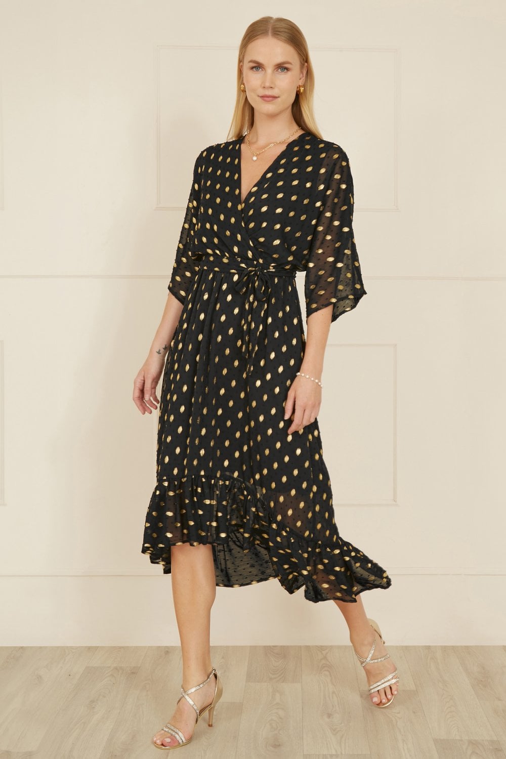 black foil long sleeve wrap midi dress Yumi Black Foil Print Wrap Over Dip Hem Midi Dress