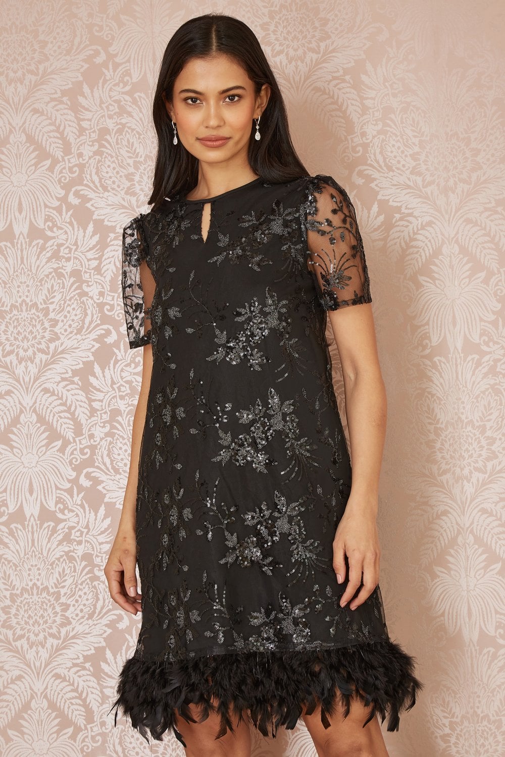 Black Sequin Embroidered Tunic Dress With Feather Trim Hemline - Sizes 8 to 16