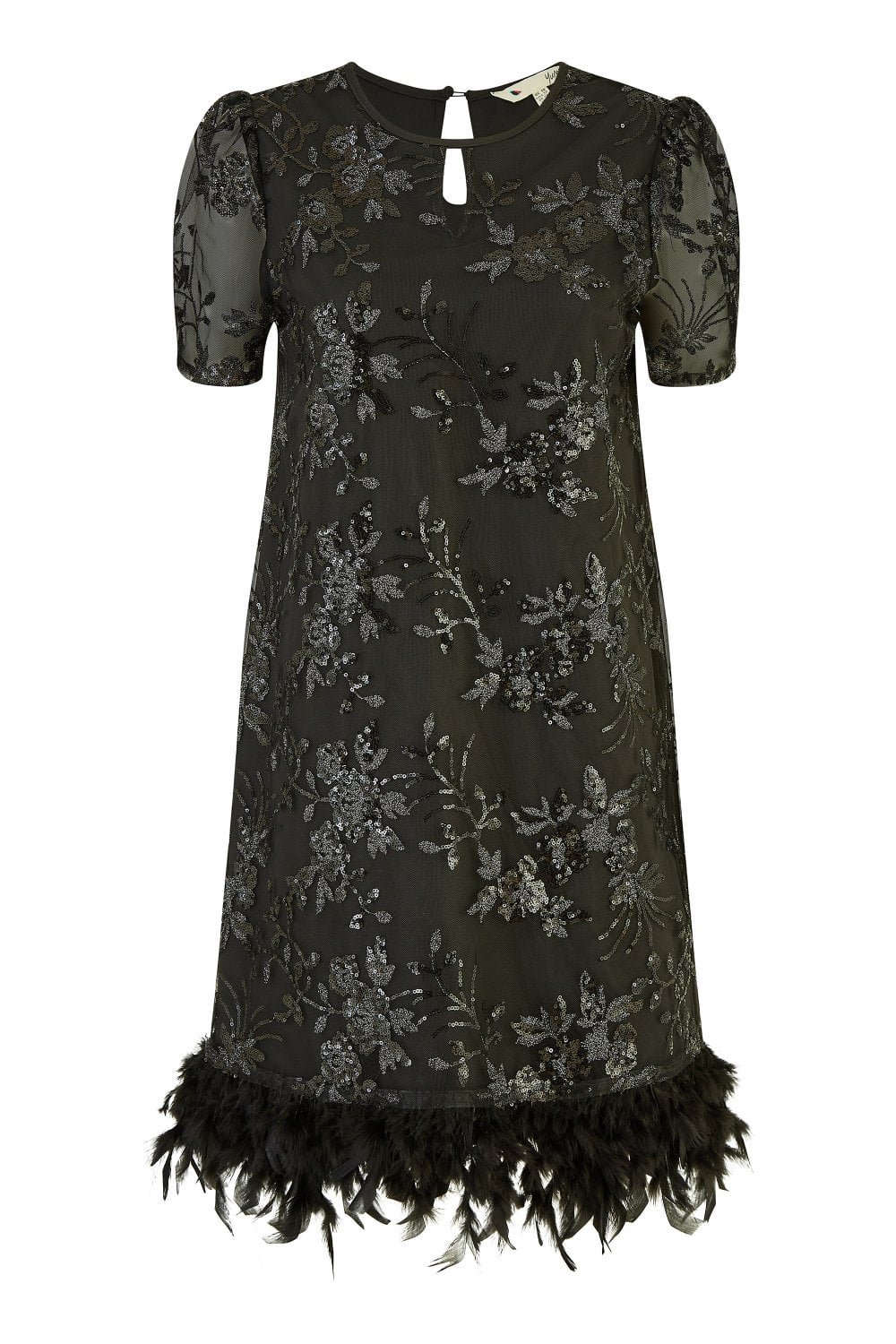 Black Sequin Embroidered Tunic Dress With Feather Trim Hemline - Sizes 8 to 16