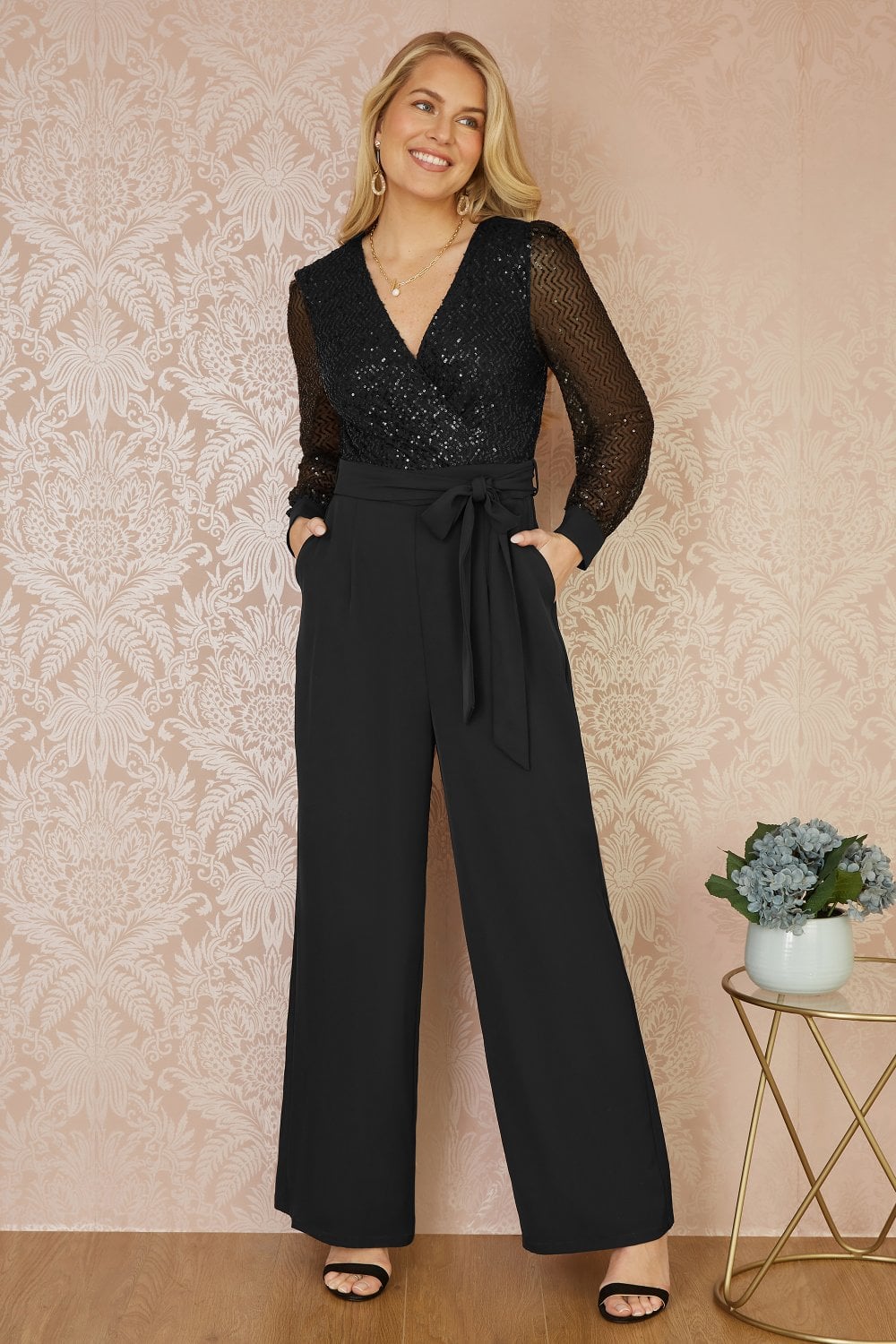 Long Sleeve Black Sequin Jumpsuit - Sizes 8 to 16