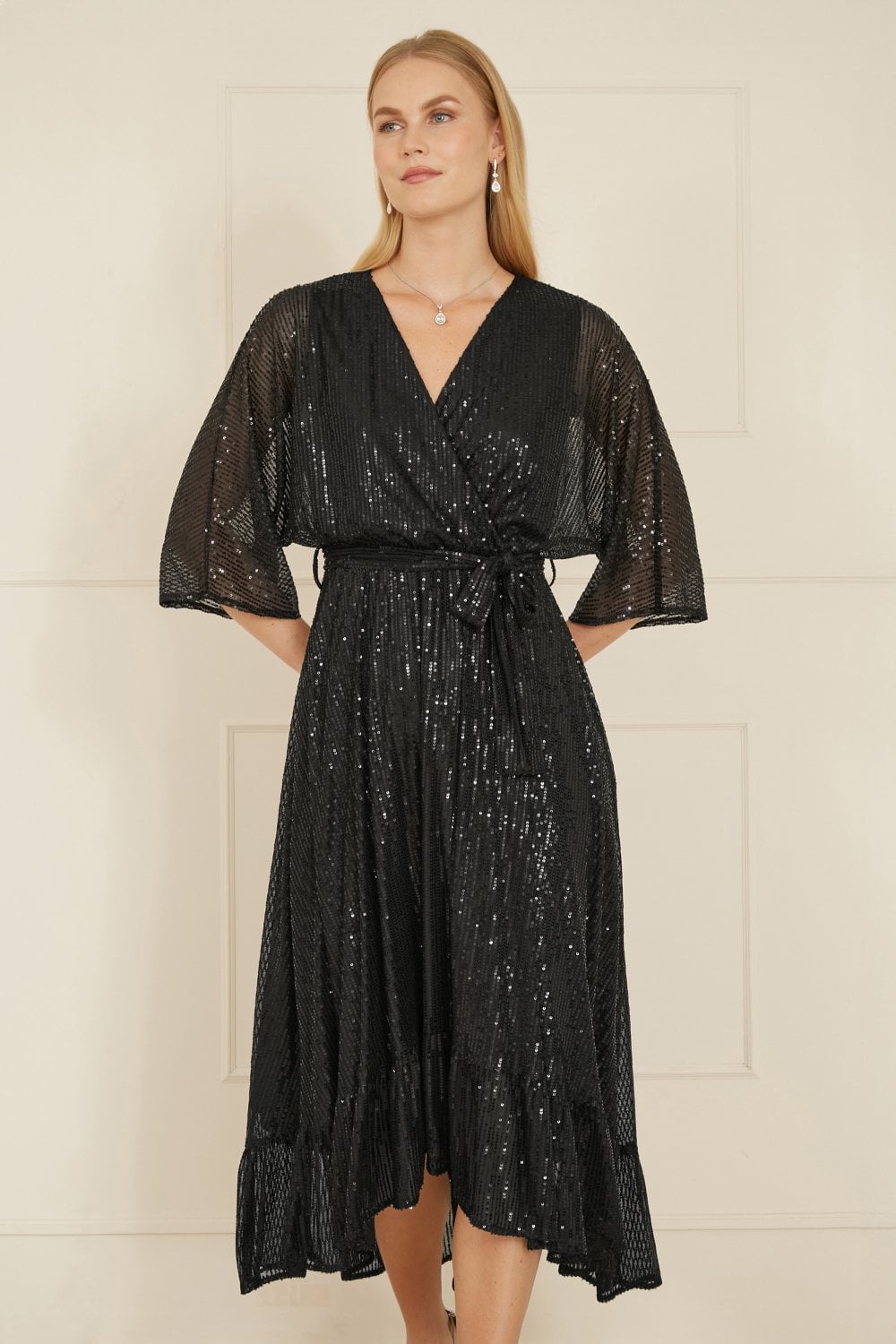 Black Sequin Kimono Midi Wrap Dress - Sizes 8 to 20