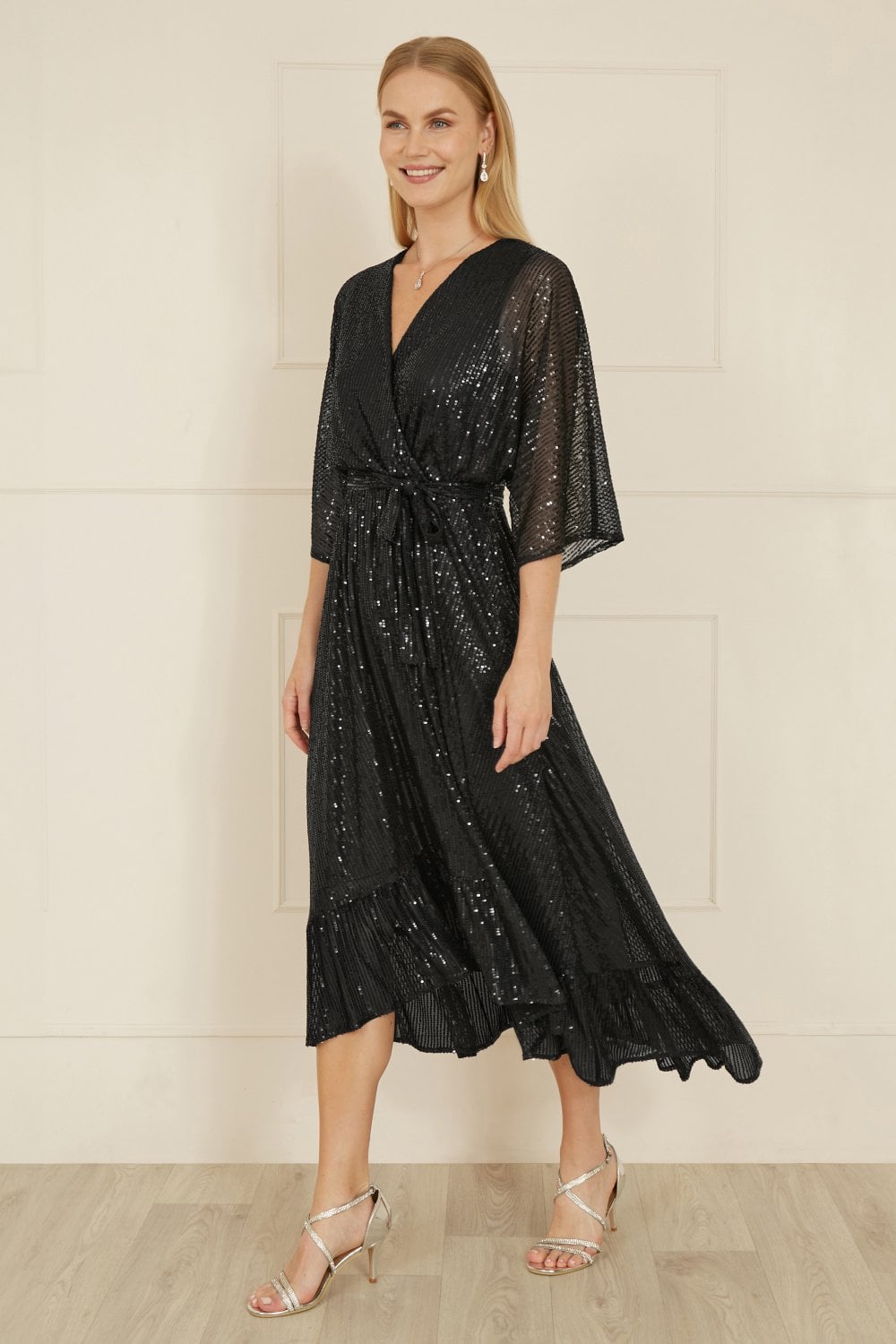 Black Sequin Kimono Midi Wrap Dress - Sizes 8 to 20