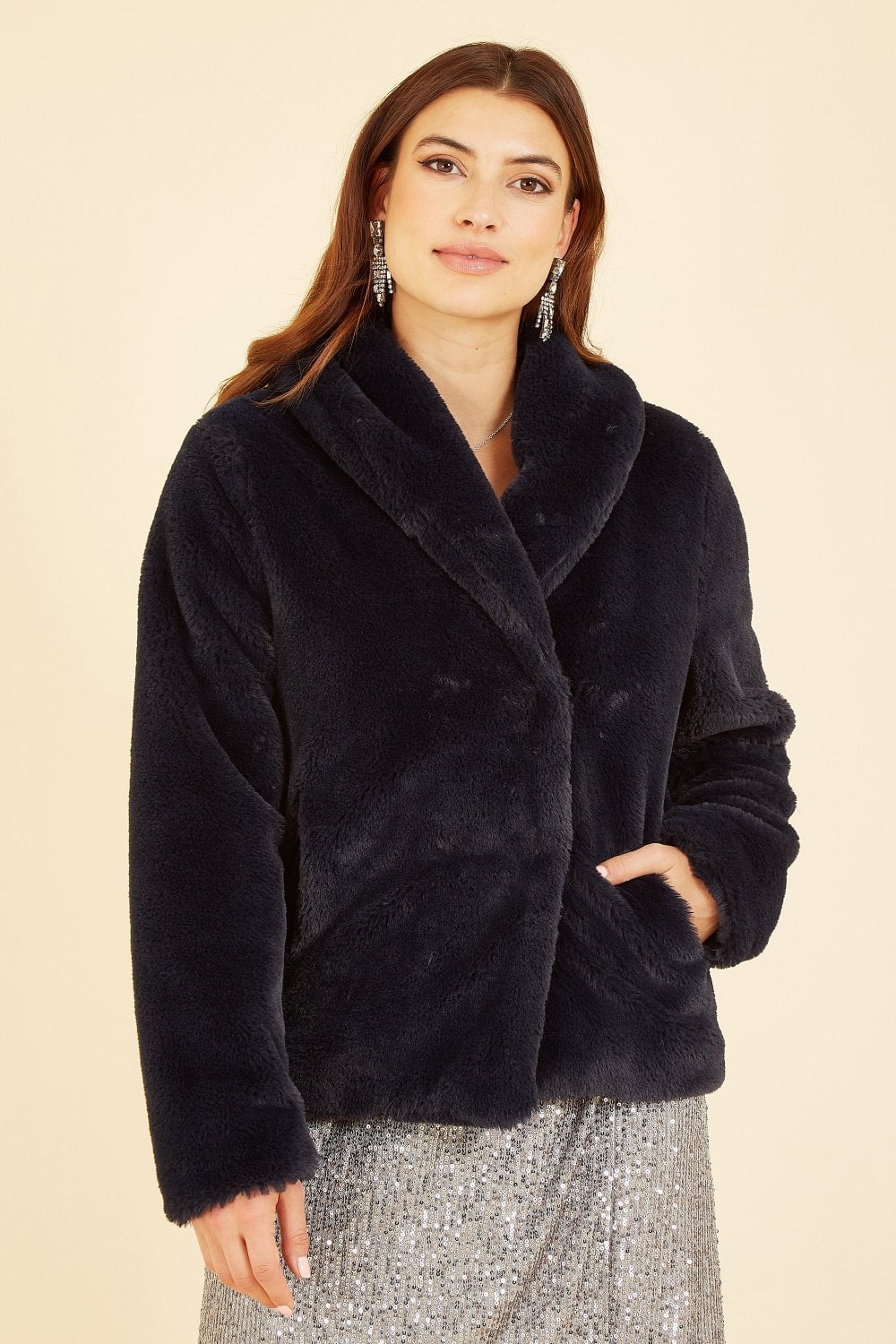 Black Short Wrap Faux Fur Coat - Sizes 8 to 26