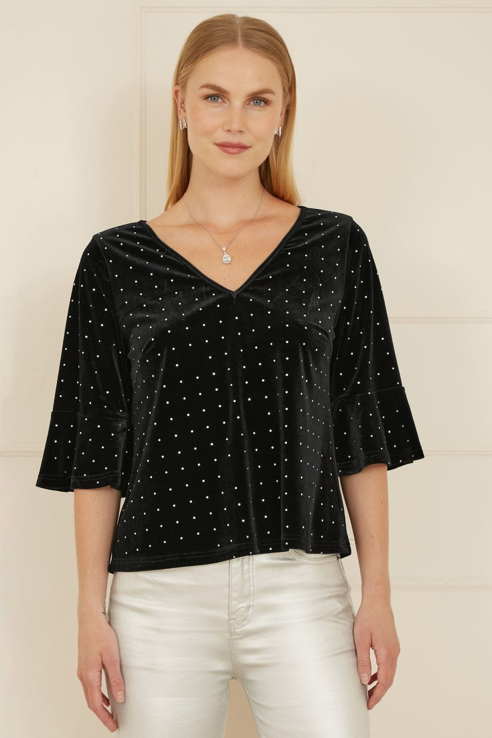 Black Stud Velvet Relaxed Fit Top With Fluted Sleeves - Sizes 8 to 24