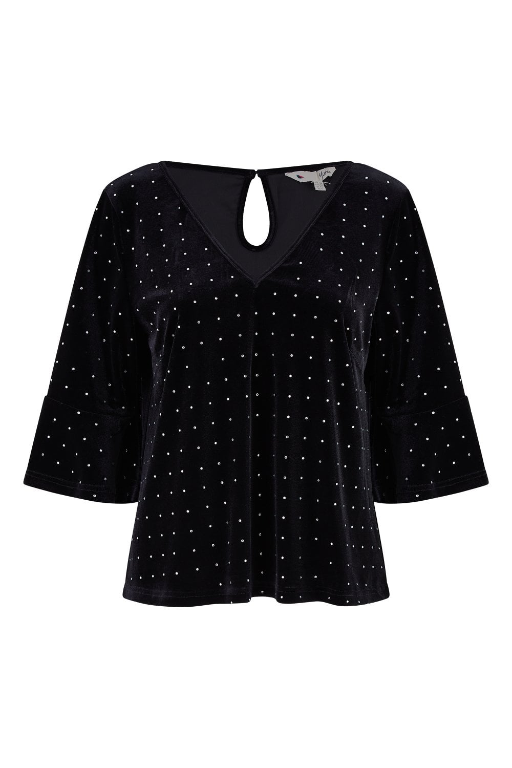Black Stud Velvet Relaxed Fit Top With Fluted Sleeves - Sizes 8 to 24
