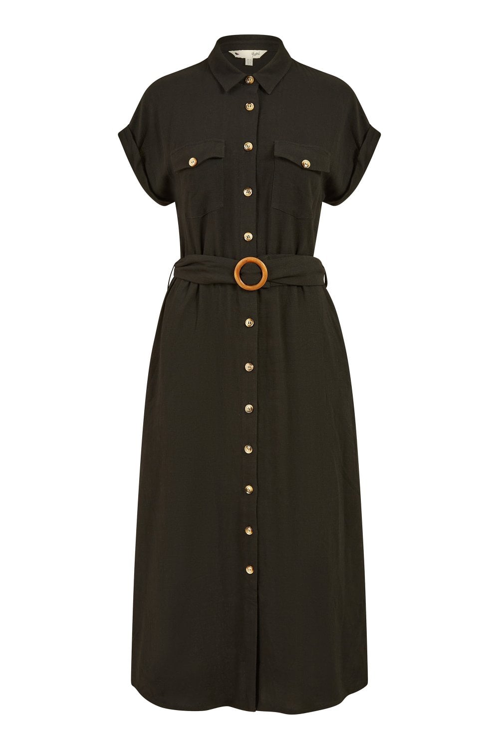 Black Linen Look Midi Shirt Dress With Wooden Belt