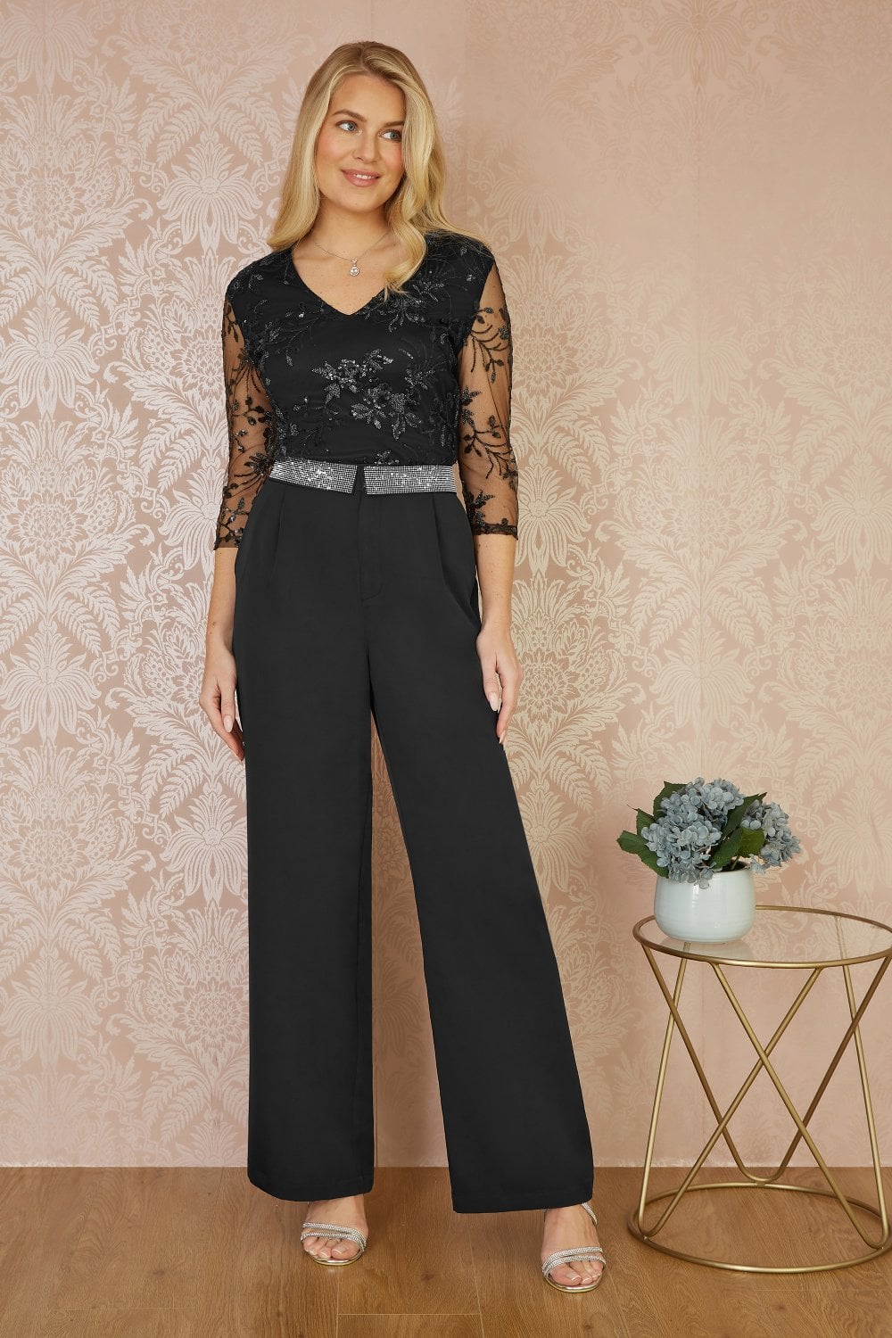 Black Wide Leg Trousers With Diamante Waistband - Sizes 8 to 16