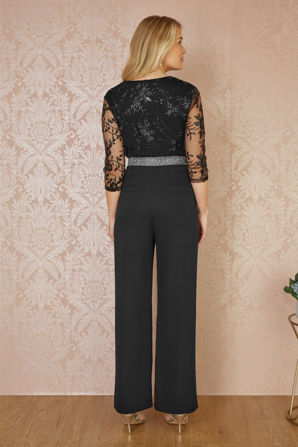 Black Wide Leg Trousers With Diamante Waistband - Sizes 8 to 16