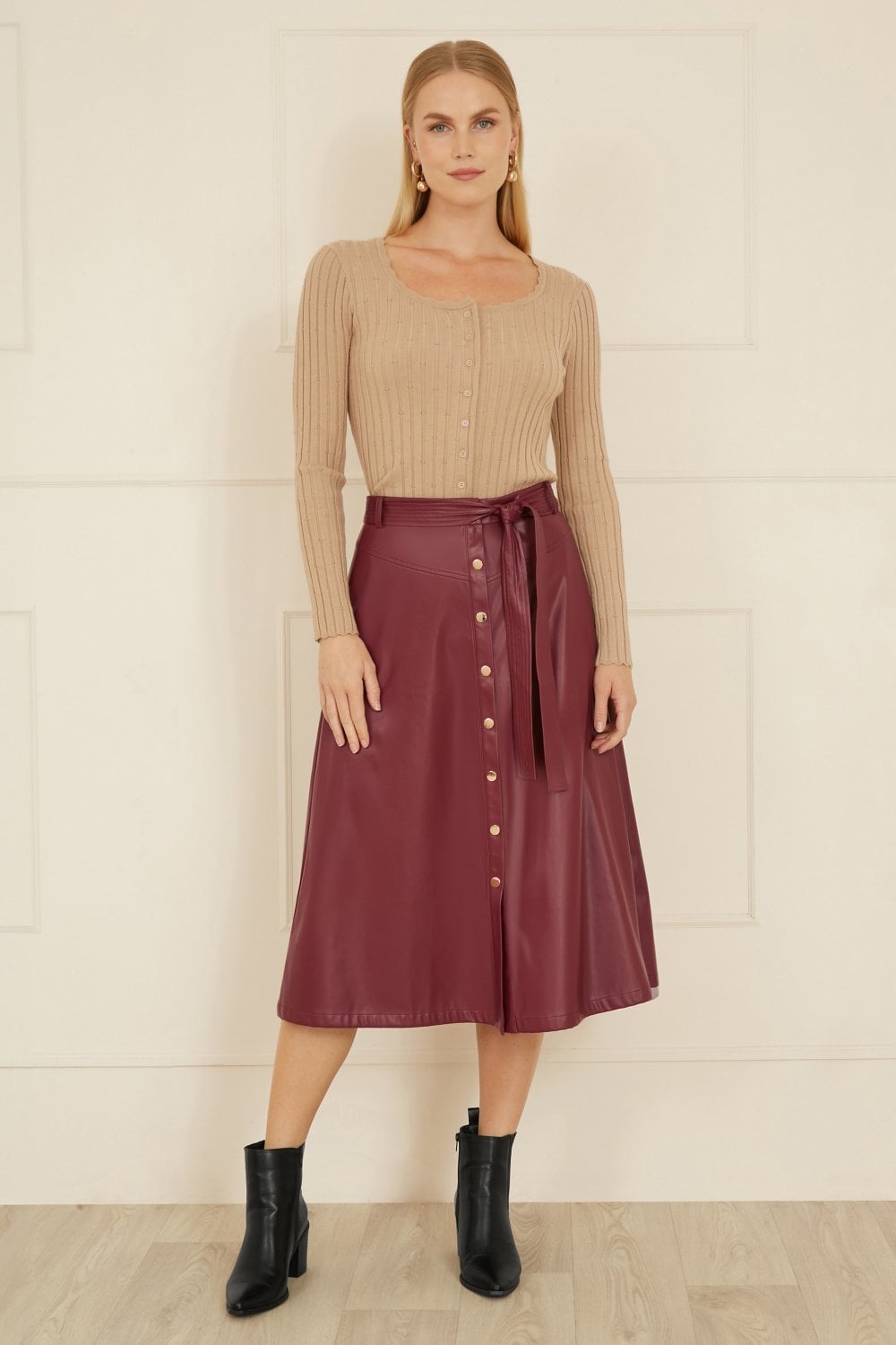Burgundy Faux Leather A Line Midi Skirt With Button Up Details - Size 8 to 16