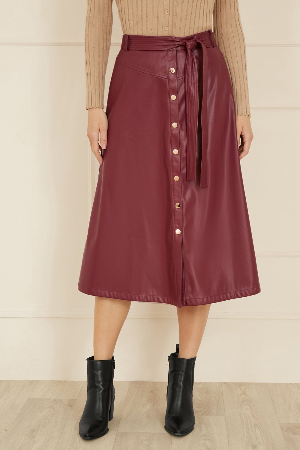 Burgundy Faux Leather A Line Midi Skirt With Button Up Details - Size 8 to 16