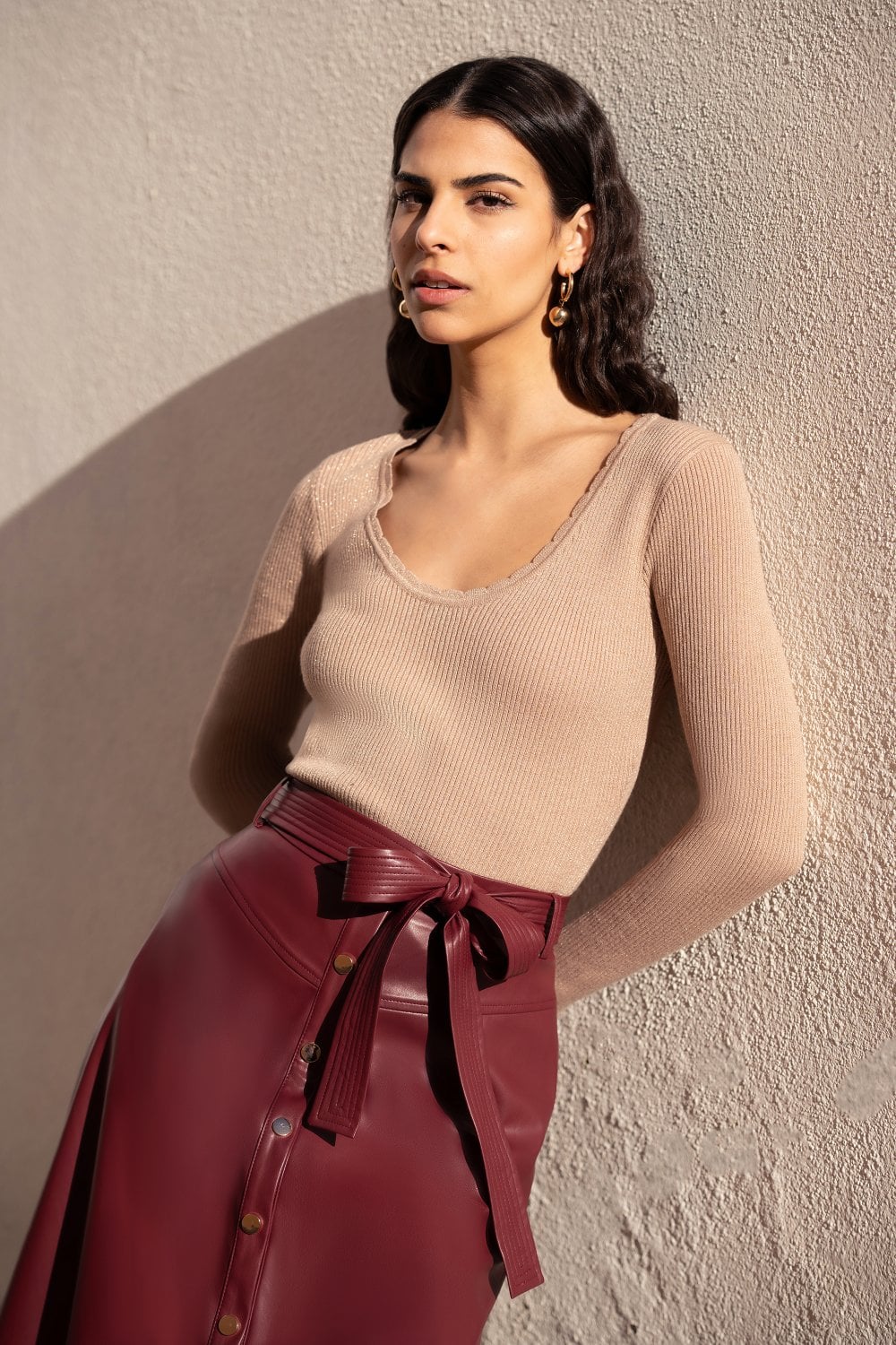 Burgundy Faux Leather A Line Midi Skirt With Button Up Details - Size 8 to 16