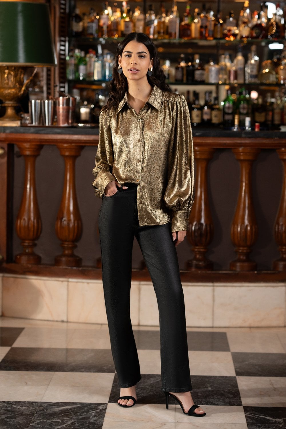 Gold Metallic Relaxed Balloon Sleeve Shirt - Size 8 to 16