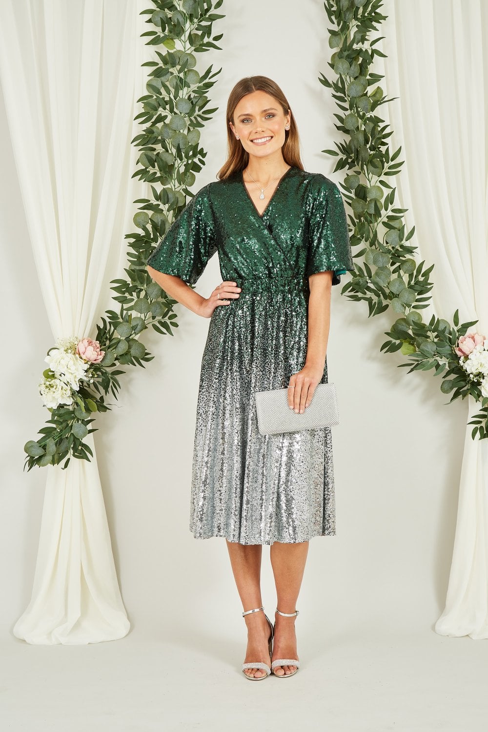 Green and Silver Ombre Sequin Midi Wrap Dress - Sizes 8 to 16