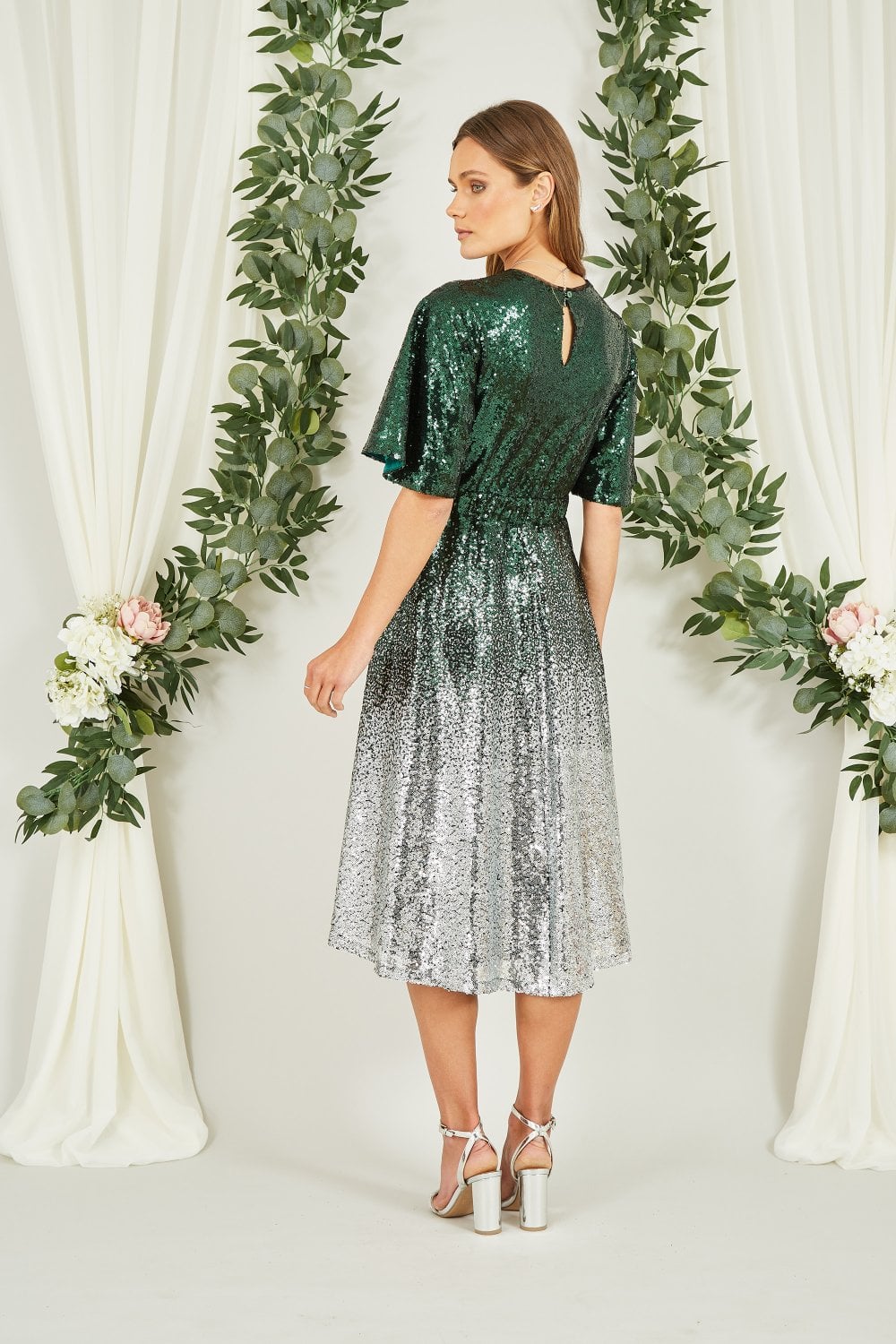 Green and Silver Ombre Sequin Midi Wrap Dress - Sizes 8 to 16
