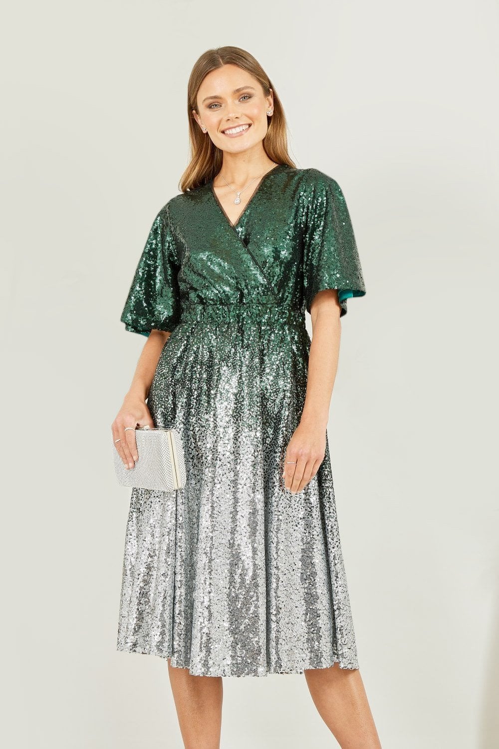 Green and Silver Ombre Sequin Midi Wrap Dress - Sizes 8 to 16