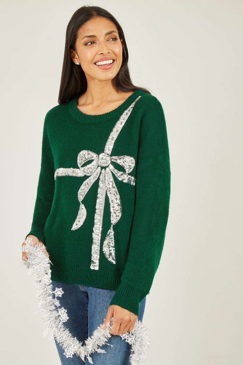Green Sequin Bow Knitted Jumper - XS to XL