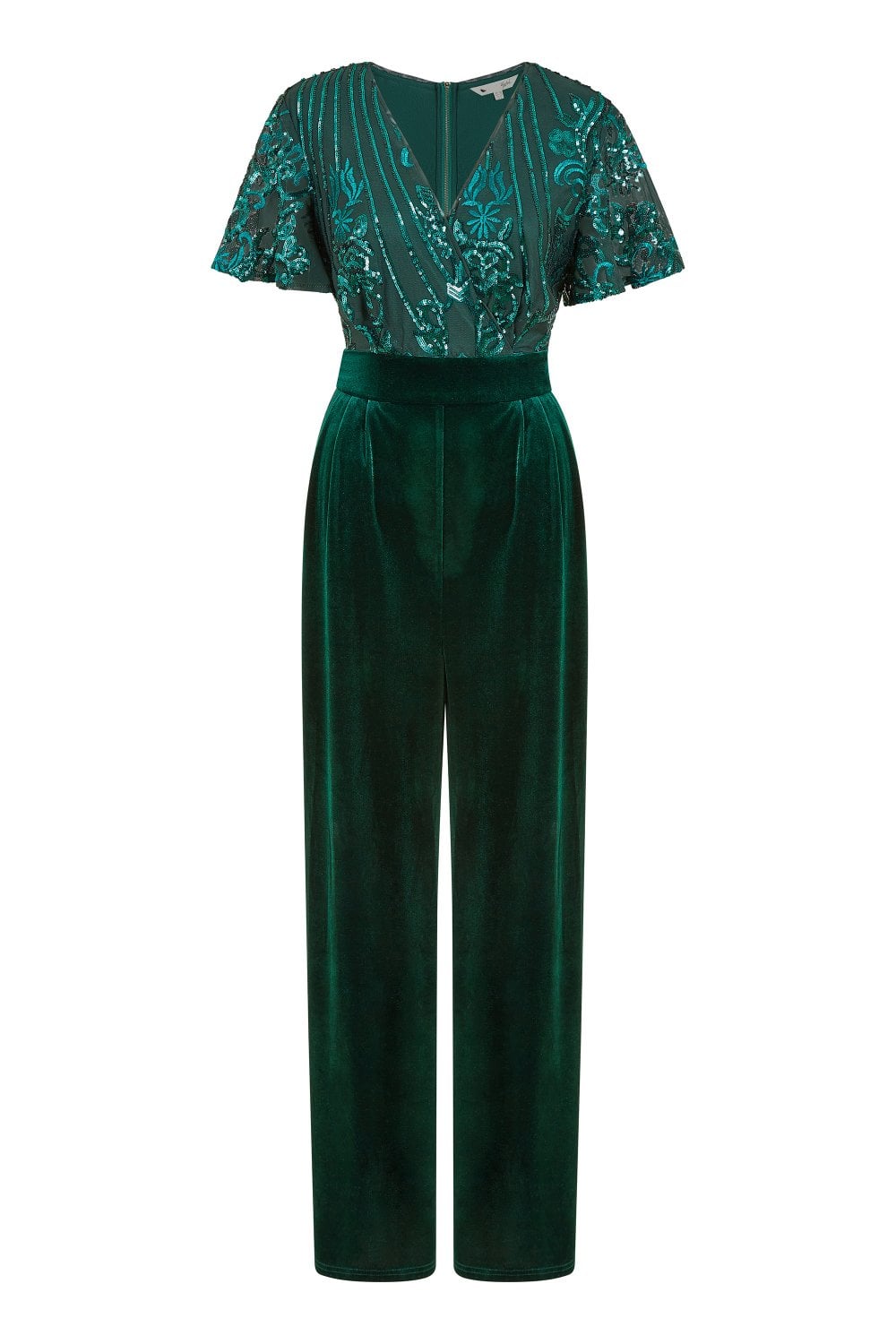 Green Sequin Embellished Velvet Jumpsuit With Angel Sleeves - Sizes 8 to 16