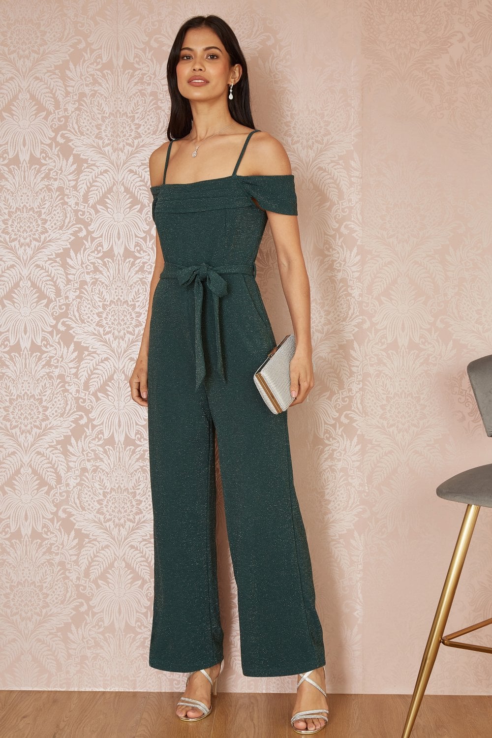 Green Sparkle Stretch Bardot Jumpsuit - Sizes 8 to 16