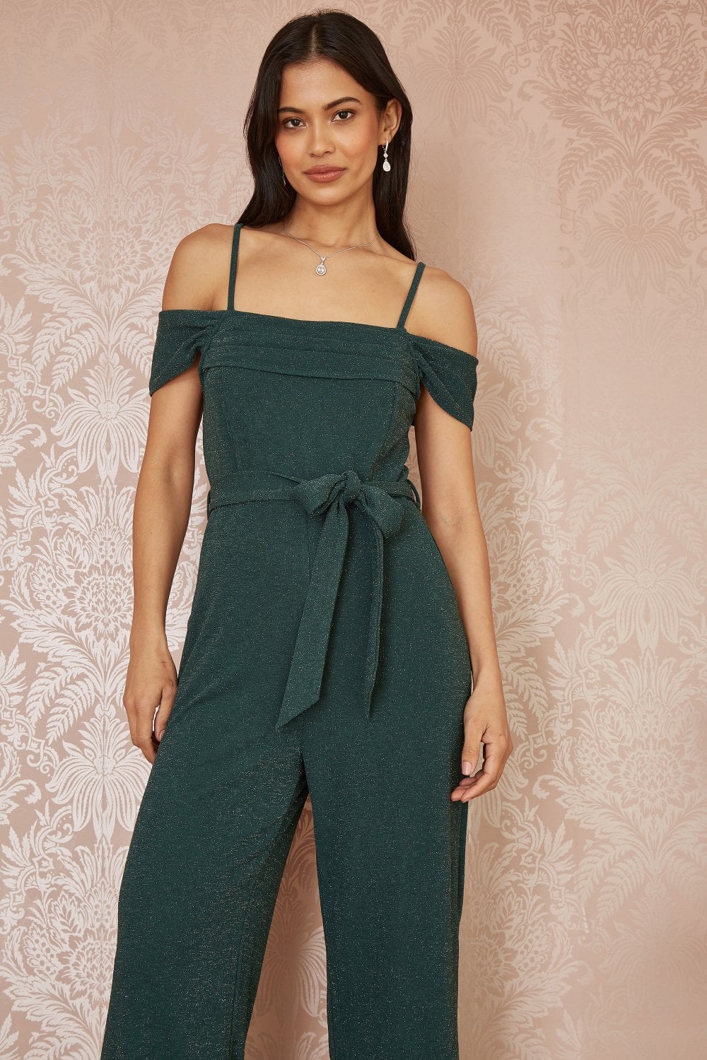 Green Sparkle Stretch Bardot Jumpsuit - Sizes 8 to 16