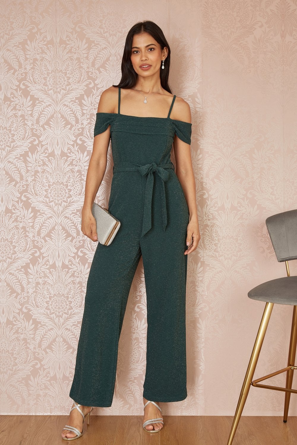 Green Sparkle Stretch Bardot Jumpsuit - Sizes 8 to 16