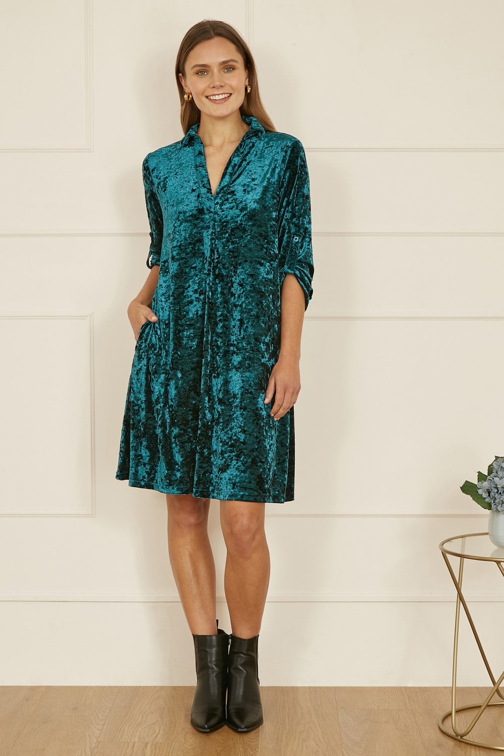 Green Velvet Tunic Dress With 3/4 Sleeves - Sizes 8 to 26